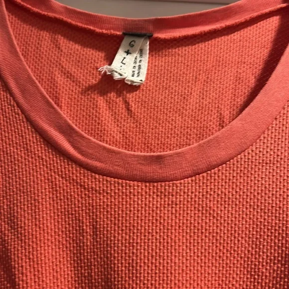 Free People Women's Orange Long Sleeve light thermal Top with Plaid Cuffs - Picture 3 of 5